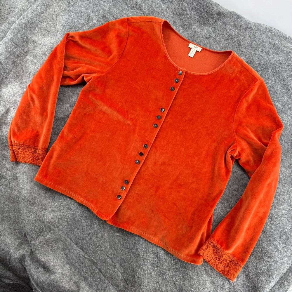 J. Jill Velour Cardigan Womens Large Orange Lace Velvet Trim Button Front Cotton - Picture 3 of 16